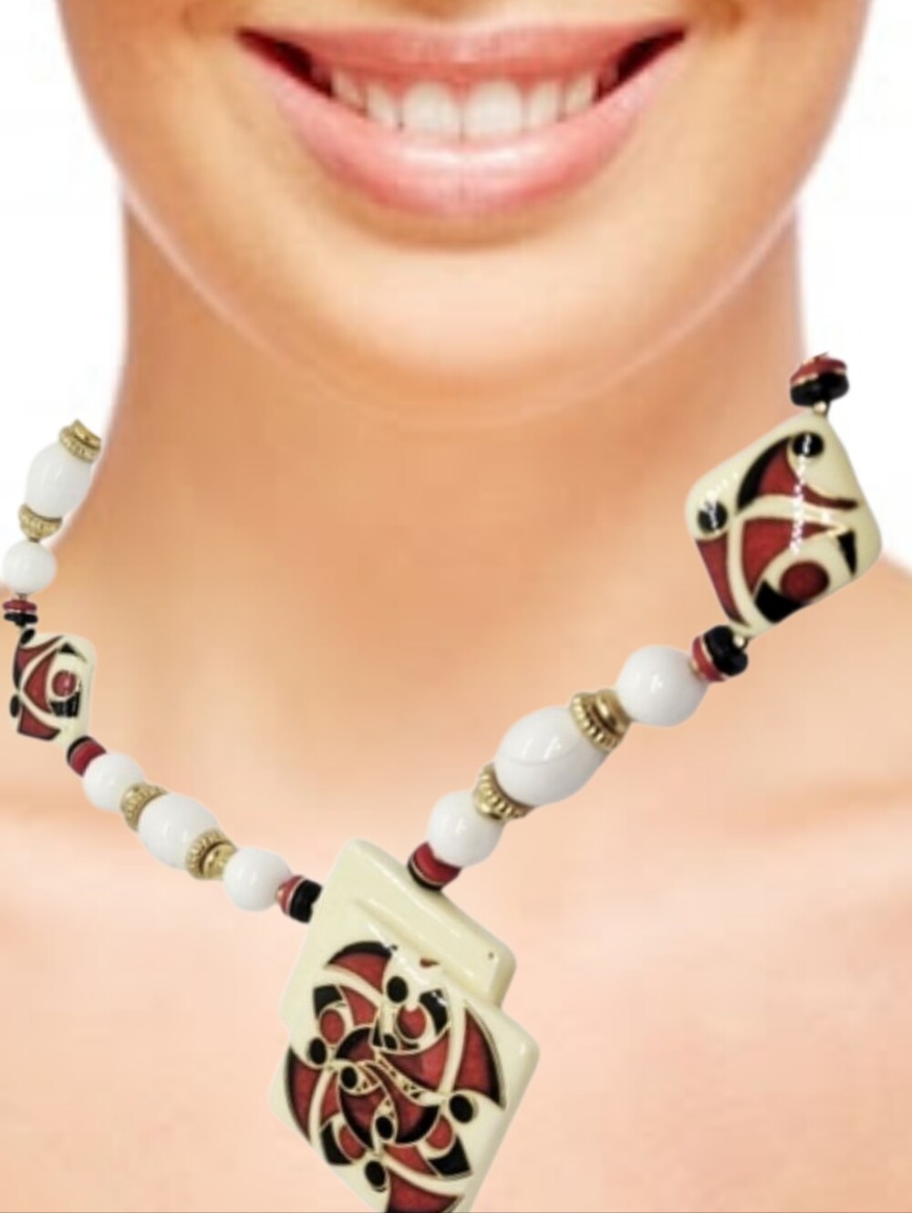 Lee Sands ~ Necklace & Earrings Set w/ Abstract Red & Black Design. Japan NWOT